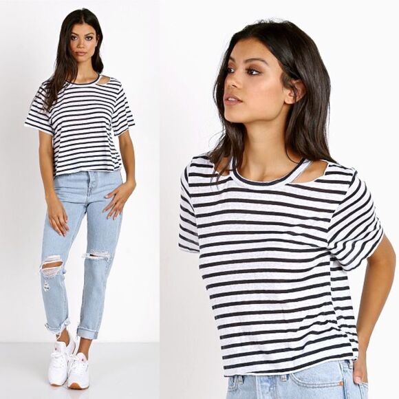 NWT LNA Stripe Cut Out Crop Tee White Black S - Picture 1 of 5
